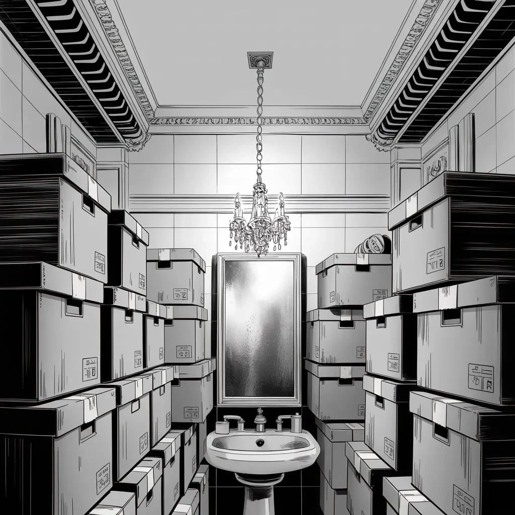 Manga panel 4 of 5, Week 417 “Thirty-Seven Counts”: Friday the indictment unseals: thirty-seven counts under the Espionage Act, and the evidence is photographs — the republic's secrets stacked in a bathroom, on a ballroom stage.