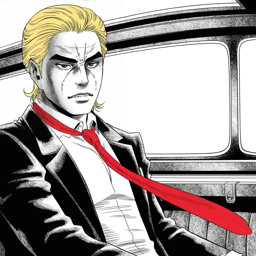 Manga panel 2 of 5, Week 418 “Espionage”: The second courthouse motorcade in ten weeks rolls through Miami's white light. On my way, he posts. Witch hunt.