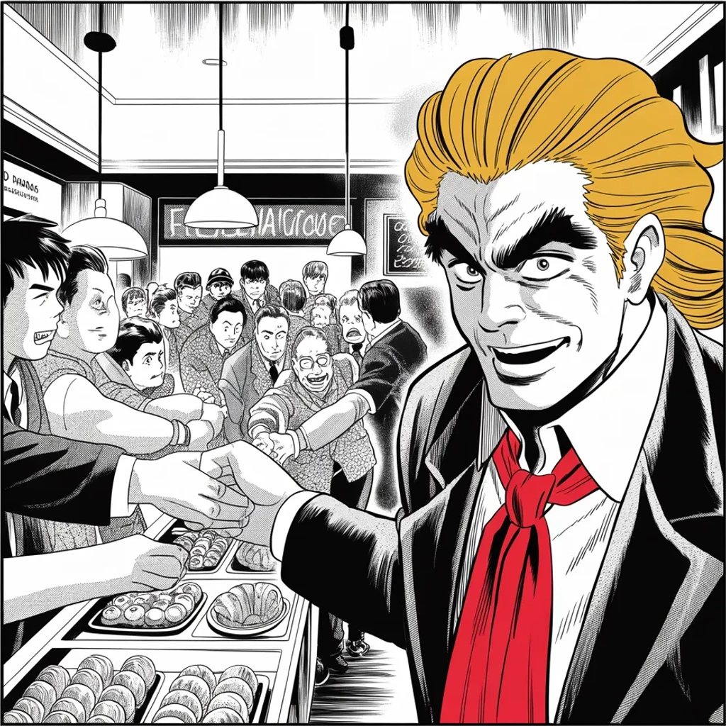 Manga panel 4 of 5, Week 418 “Espionage”: An hour after the plea he is in a little Cuban bakery being sung to — tomorrow he turns seventy-seven. Thank you Miami, he posts. Such a warm welcome on such a sad day.