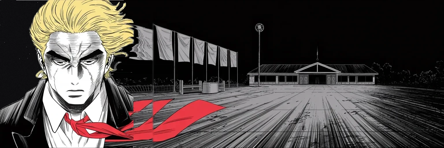 Manga panel 5 of 5, Week 418 “Espionage”: Midnight at the New Jersey club, the speech given and the crowds gone. They are not coming after me, he tells the dark — they are coming after you. And still no one has taken his photograph.