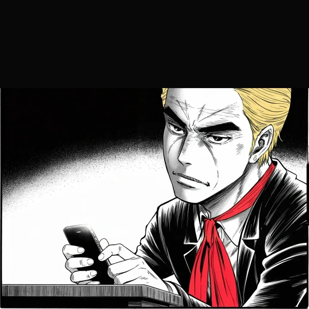 Manga panel 2 of 5, Week 419 “Traffic Ticket”: Thumbs over the glowing phone: the settlement is a cover-up, he writes, a scam unlike anything the country has seen.
