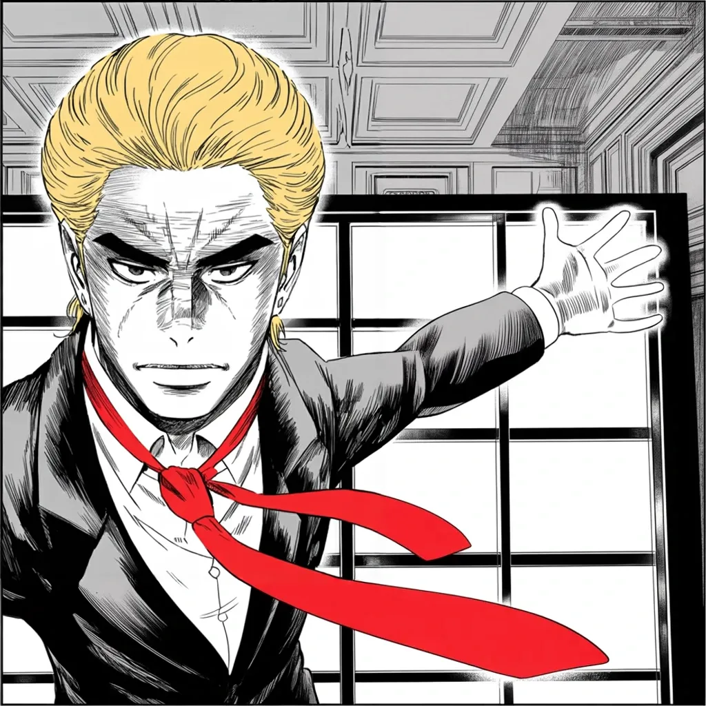 Manga panel 3 of 5, Week 419 “Traffic Ticket”: At the tall window he calls on Congress itself to investigate the hunters.