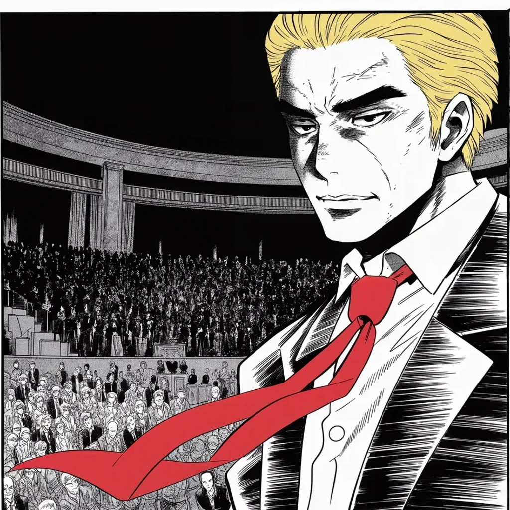 Manga panel 4 of 5, Week 419 “Traffic Ticket”: Saturday night in Washington he tells the faithful the scandal is a hundred times bigger than Watergate.