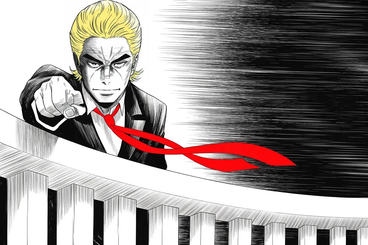 Manga panel 2 of 4, Week 420 “Great Day”: Pointing down from the mezzanine he vows that his freedom is the wall around theirs; the same day an appeals court trims the New York money case.