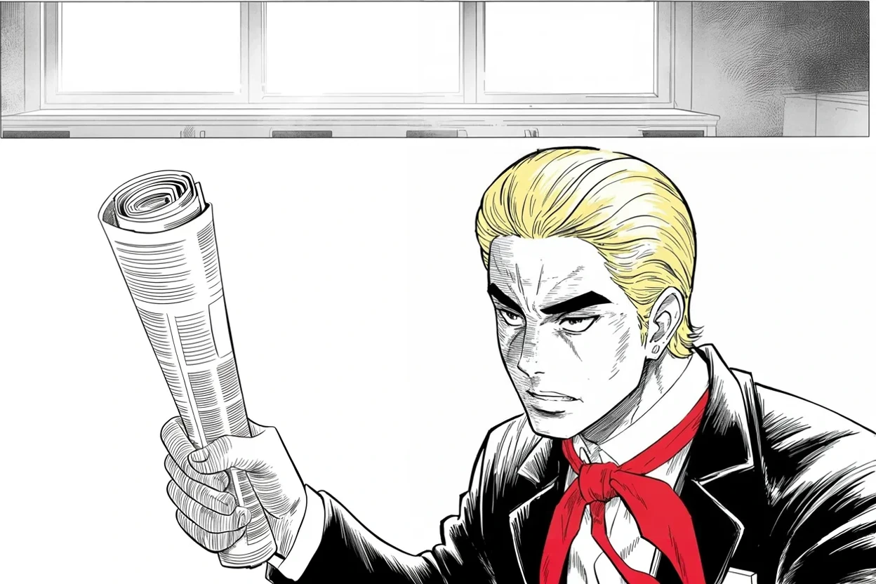 Manga panel 3 of 4, Week 420 “Great Day”: For one sunlit morning the news is a court ruling he loves — a great day for America, he writes.