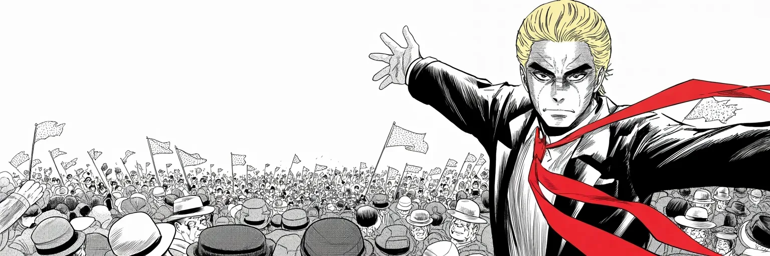 Manga panel 4 of 4, Week 420 “Great Day”: The first of July: a town of three thousand swells past fifty thousand as the summer campaign roars through South Carolina.