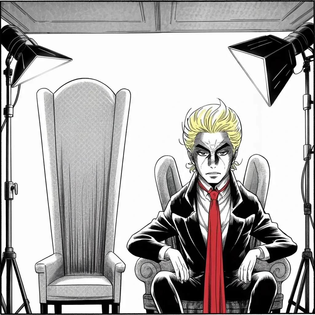 Manga panel 4 of 5, Week 421 “Powder”: Friday brings a televised audience with the exiled broadcaster and talk of a war he swears could be ended in a day.