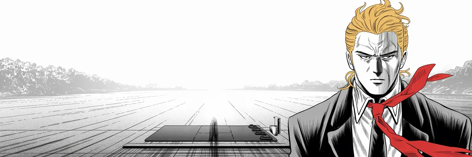 Manga panel 5 of 5, Week 421 “Powder”: At first light on the range he types that the law itself has been weaponized; somewhere north, a letter is being drafted.