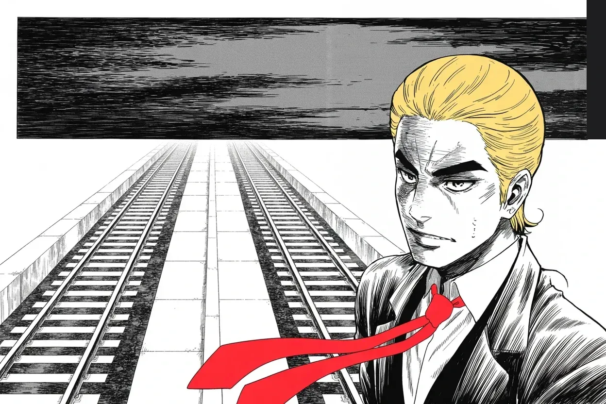 Manga panel 3 of 4, Week 422 “Down the Tracks”: On an empty platform he stares down the converging rails and predicts another indictment coming down the tracks.