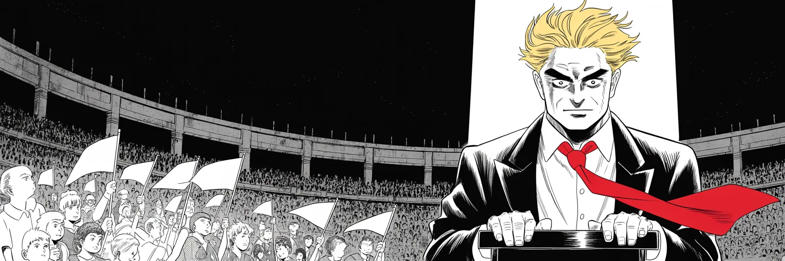 Manga panel 4 of 4, Week 422 “Down the Tracks”: Saturday night before the young crusade: their liberties are being shredded, he tells them, and these warriors will not allow it.