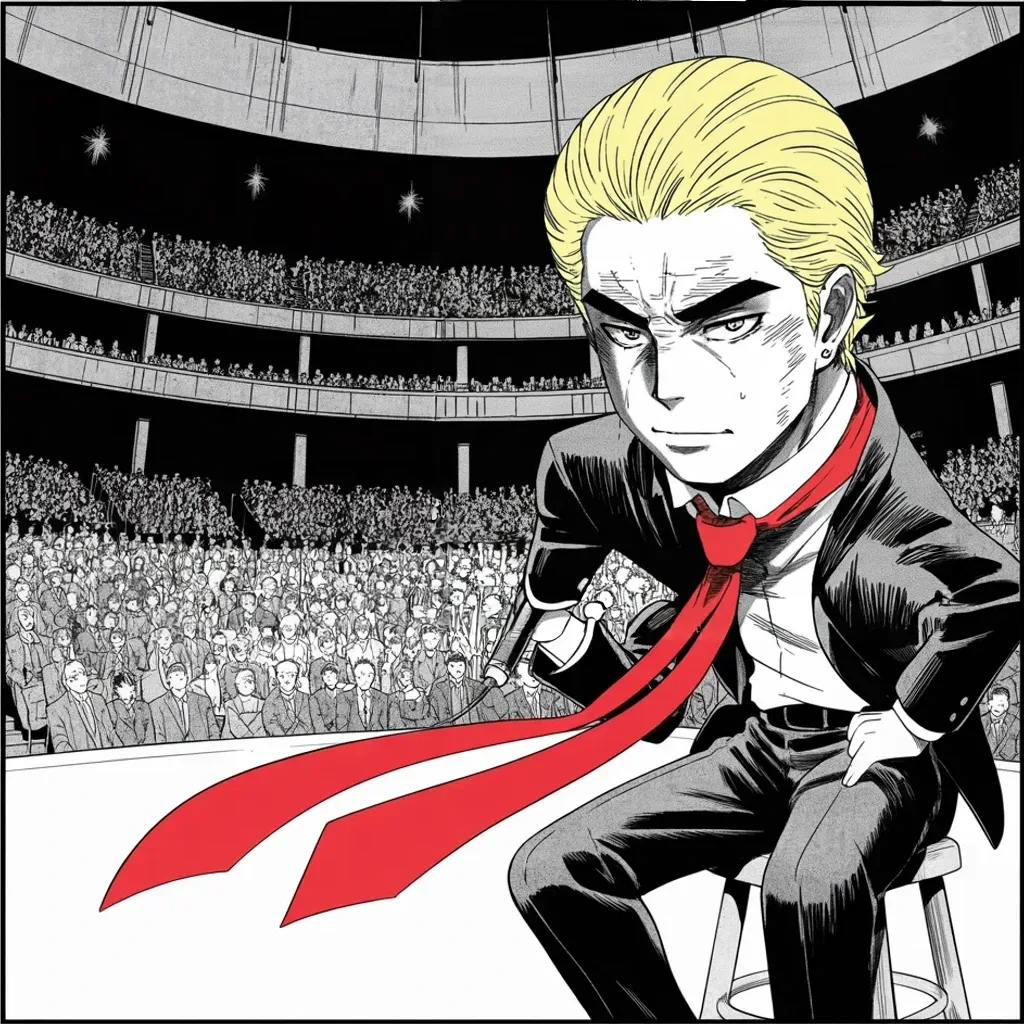 Manga panel 3 of 5, Week 423 “The Letter”: That same night he is on a town-hall stage in Iowa, campaigning as if the mail had brought nothing at all.