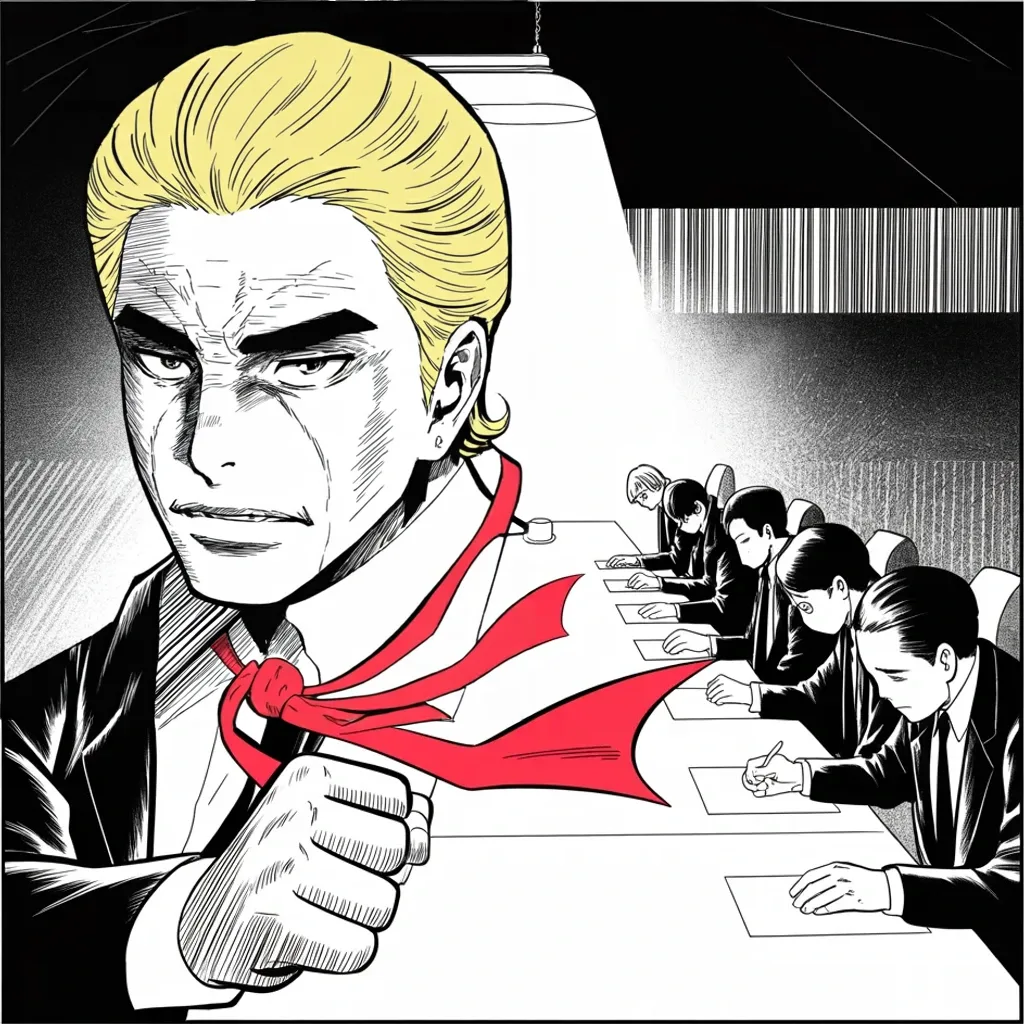 Manga panel 4 of 5, Week 423 “The Letter”: In the war room with the lawyers: the prosecutors waited years, he shouts, to land their charges in the middle of the race.