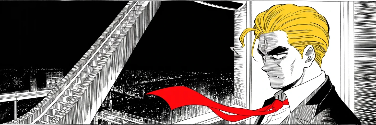 Manga panel 5 of 5, Week 423 “The Letter”: Sunday night the golden escalator glows in memory: a hundred million dollars spent investigating him since the day he rode it down.
