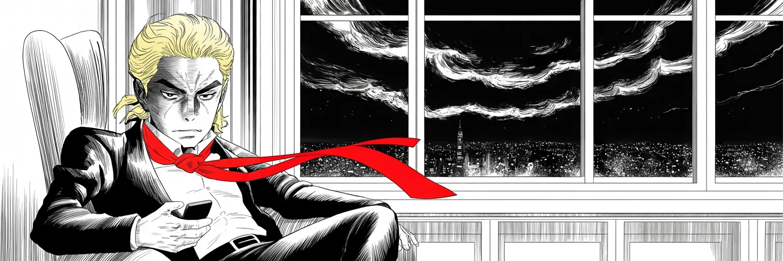 Manga panel 3 of 3, Week 424 “Any Day Now”: Monday at the window he writes that the next indictment will come any day now. He is right. It comes tomorrow.