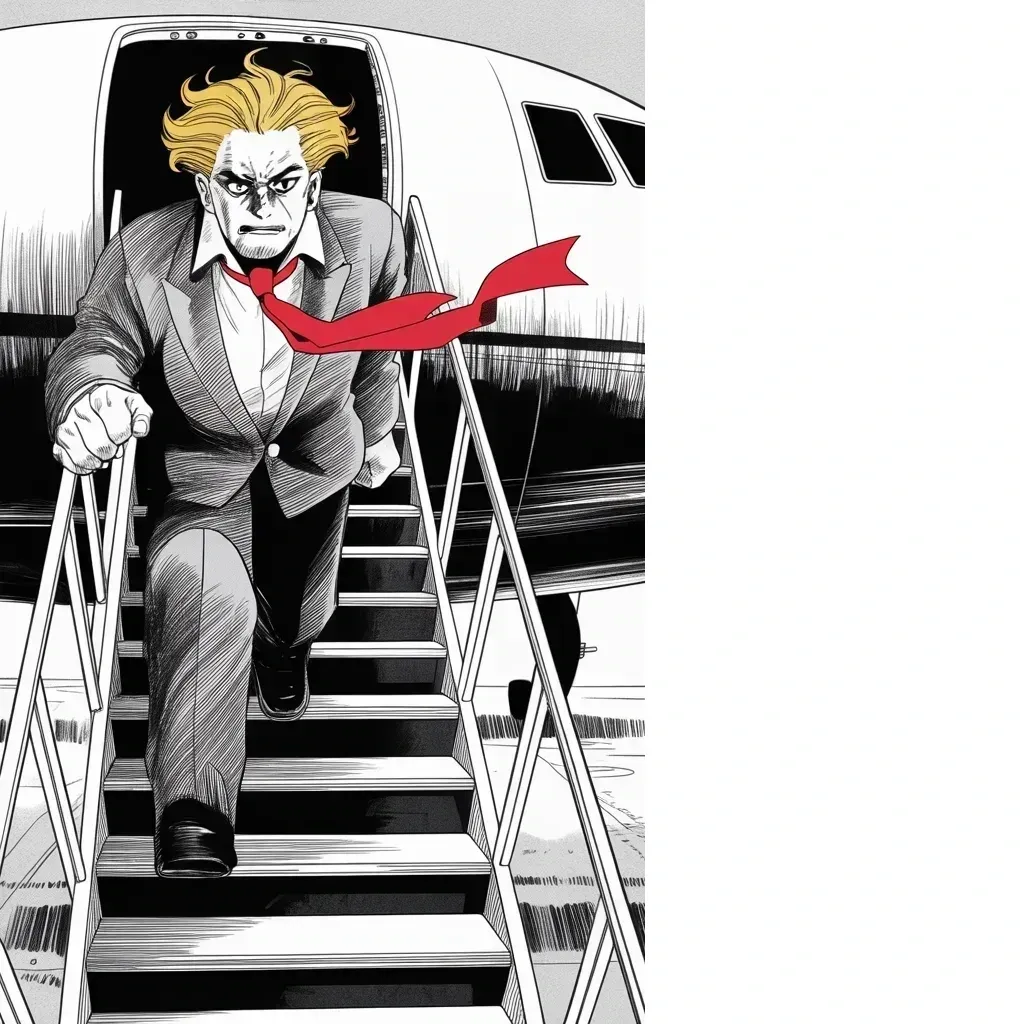 Manga panel 2 of 5, Week 425 “Arrested for You”: Boarding for Washington he declares the arrest a great honor — he is being arrested for you — and asks for one more indictment to ensure the election.