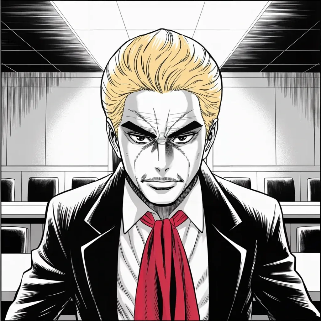 Manga panel 3 of 5, Week 425 “Arrested for You”: The third arraignment in four months, in the courthouse where the rioters were tried. The plea is the same.