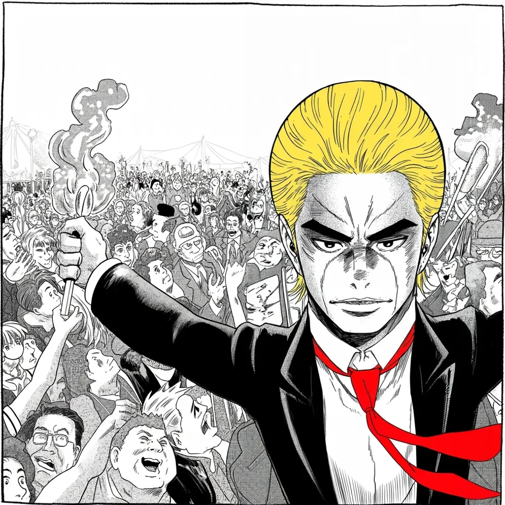 Manga panel 2 of 5, Week 426 “The Net”: Saturday at the state fair he moves through the crowd like weather while the Florida governor, across the grounds, draws a thin line of onlookers.