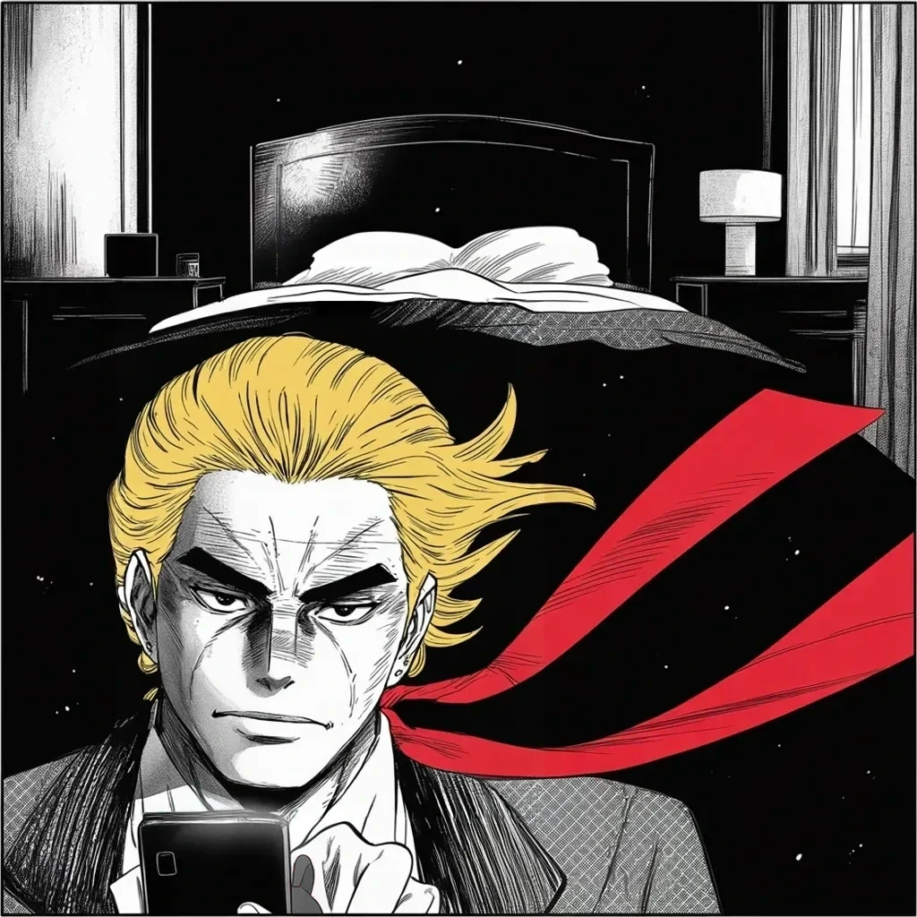 Manga panel 3 of 5, Week 426 “The Net”: Past midnight he learns the special counsel has searched the dead account on the bird site — the voice cut off in the ban, exhumed as evidence.