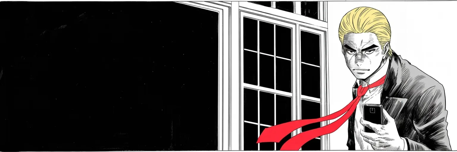 Manga panel 5 of 5, Week 426 “The Net”: Before midnight the Georgia grand jury returns its bill: a racketeering net over nineteen names, his first among them.