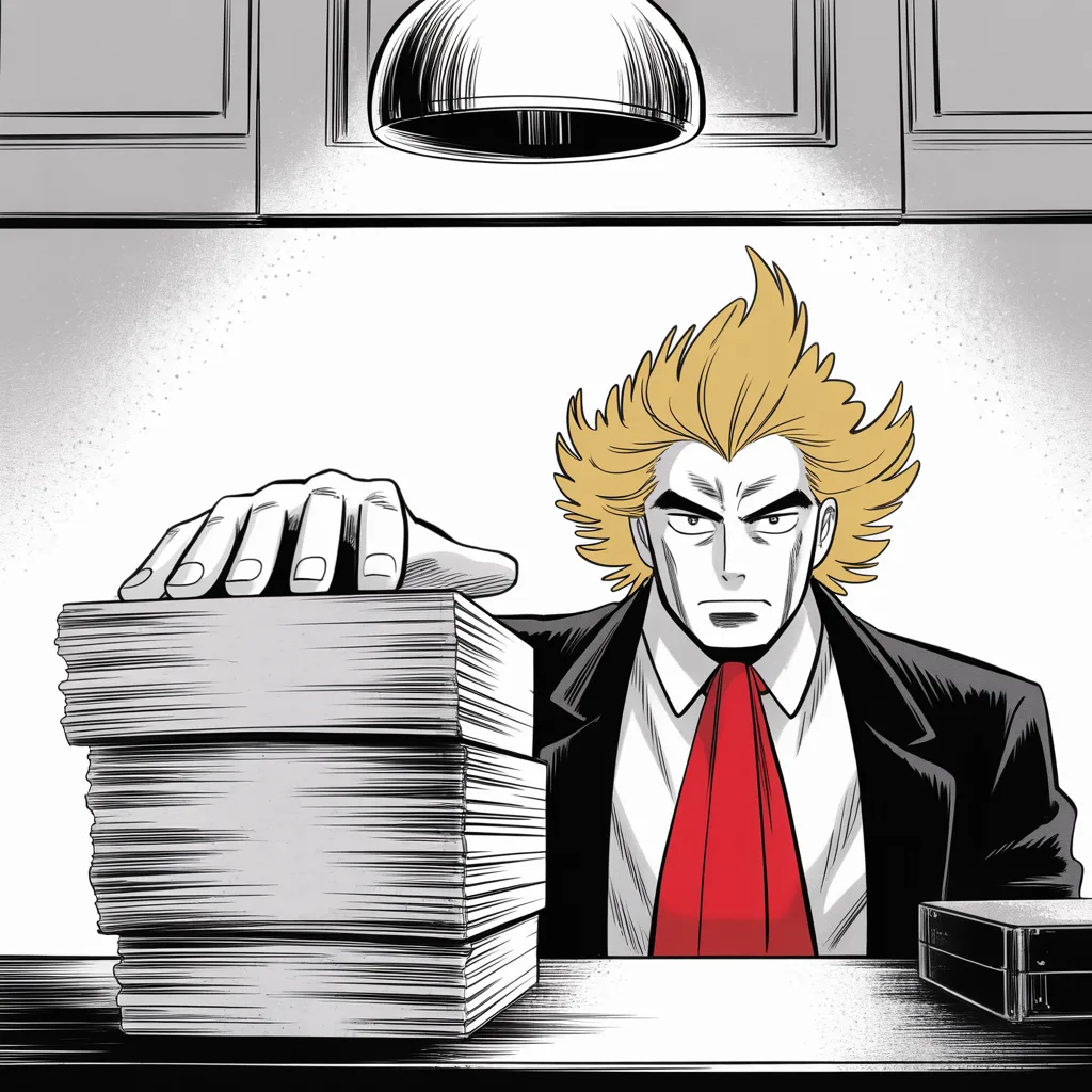 Manga panel 2 of 5, Week 427 “Nineteen”: He promises a large, complex, irrefutable report that will clear everyone; within the week his lawyers will quietly bury it.