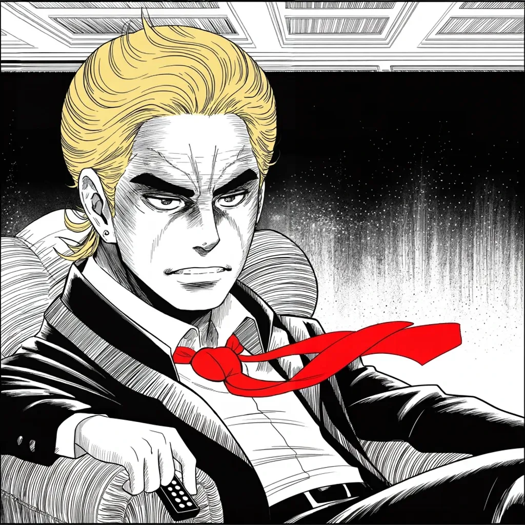 Manga panel 3 of 5, Week 427 “Nineteen”: Thursday night's question — will he debate — is answered with a question: why would the man leading by fifty points share a stage?
