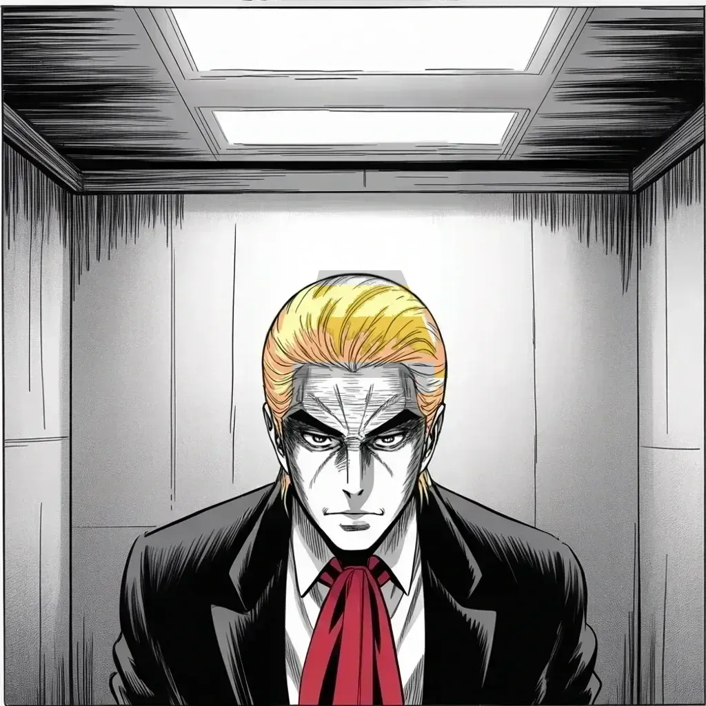 Manga panel 4 of 5, Week 428 “The Mugshot”: Seven thirty-four in the evening, Fulton County Jail: inmate number P01135809 faces the state's camera, and the portrait four courts declined is taken at last.