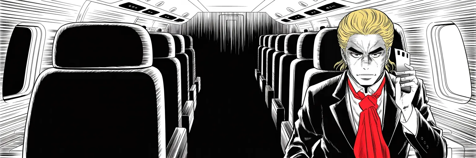 Manga panel 5 of 5, Week 428 “The Mugshot”: Before midnight the photograph is everywhere — and the account that died in the ban's winter speaks once, posting the portrait with a vow never to surrender. In the dark of the plane he writes that the new platform is his home.