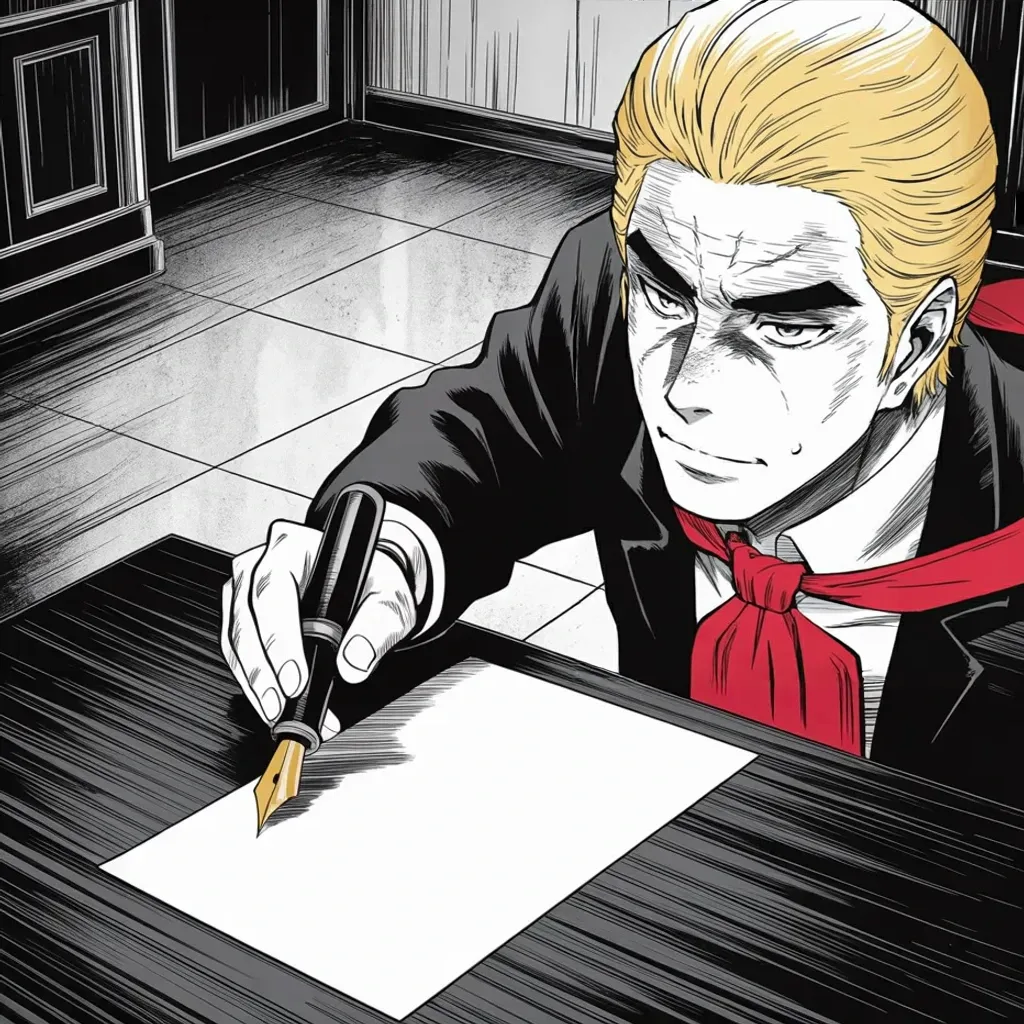 Manga panel 2 of 5, Week 429 “The Poster”: No cameras this time: he answers Georgia by mail, a signature on a single page — not guilty — and thanks the state that booked him.