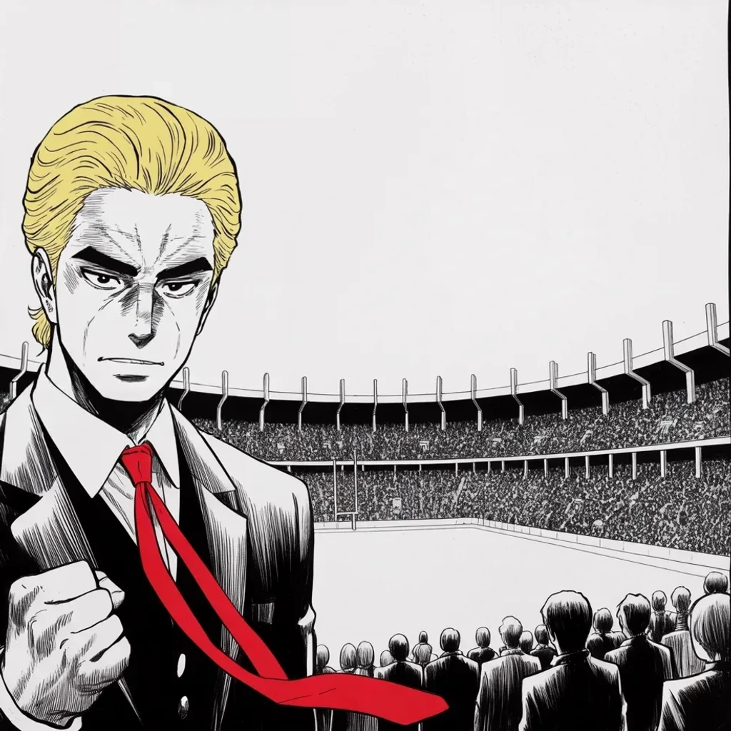 Manga panel 4 of 5, Week 430 “Zero Credibility”: Saturday he is a defendant nowhere and a candidate everywhere: a football crowd in Iowa, the first state on the primary calendar.