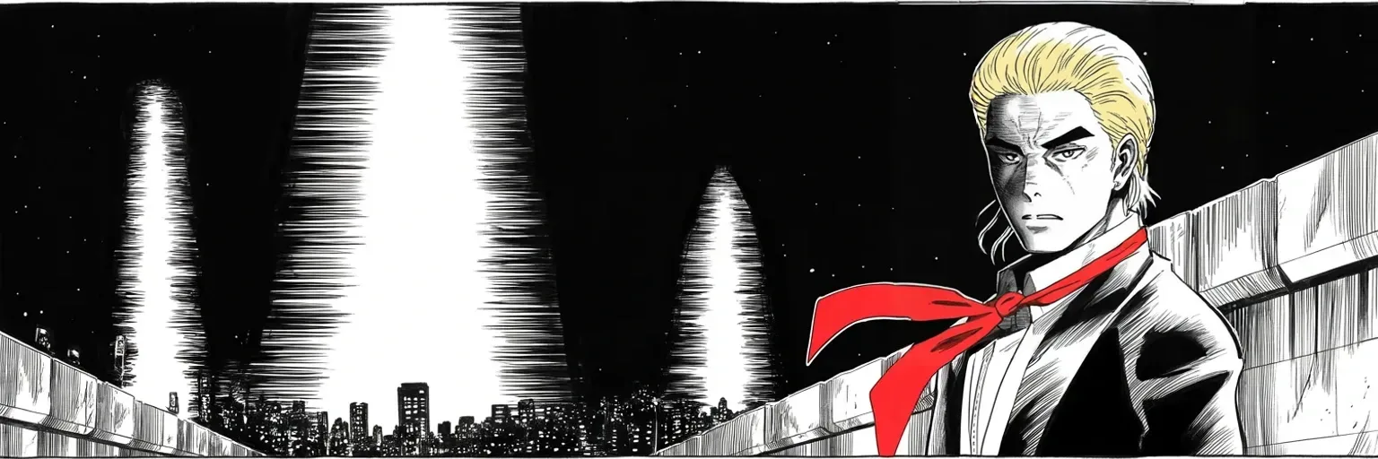 Manga panel 5 of 5, Week 430 “Zero Credibility”: The week ends where every September ends: two beams of light in a black sky, and the vow every American knows by heart.