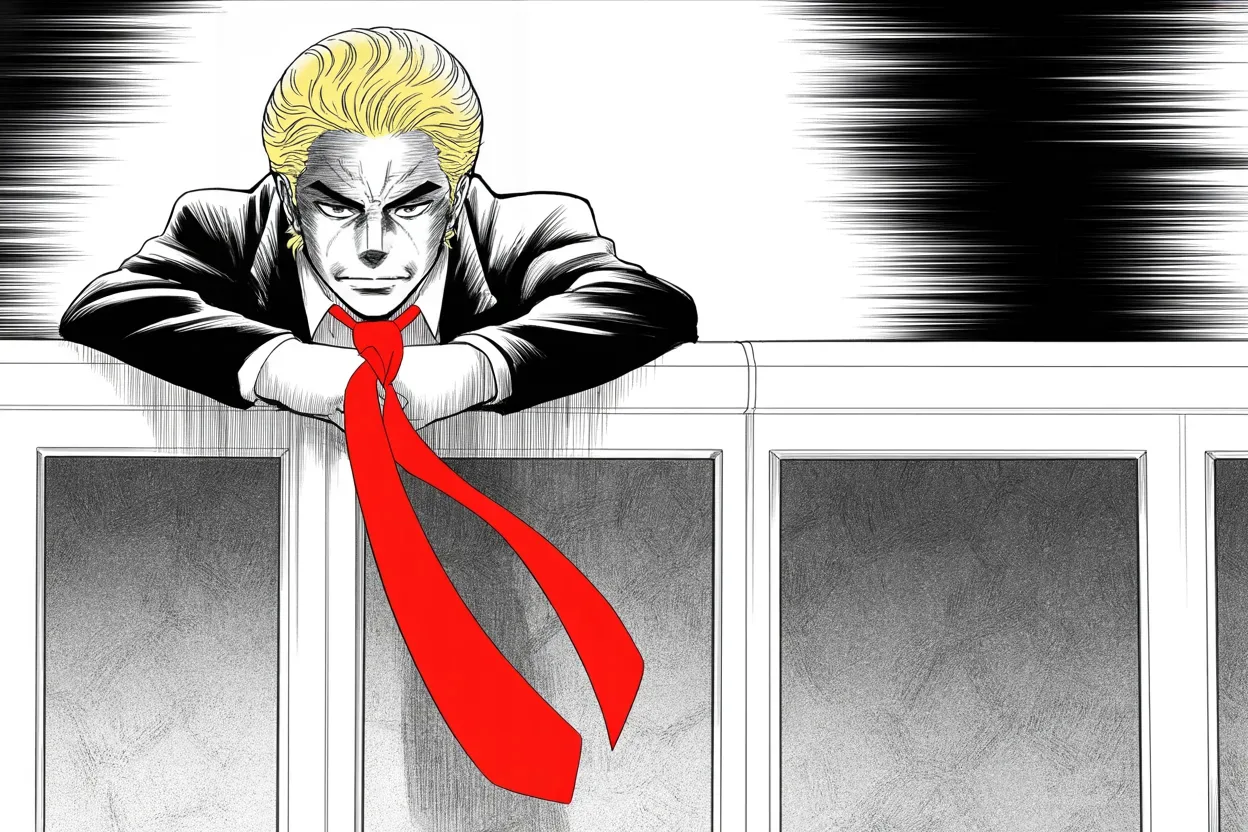 Manga panel 2 of 4, Week 432 “Show the Poll”: The old media emperor steps down, and the tower accepts credit for the retirement — then pivots mid-sentence to demand the Senate leader go next.