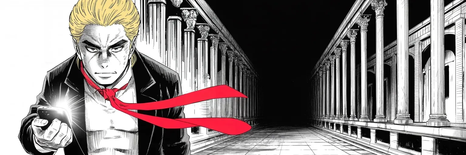 Manga panel 4 of 4, Week 432 “Show the Poll”: A senator of the other party is caught with gold bars in his closets, and the demand becomes general. Meanwhile a Manhattan judge finishes writing.