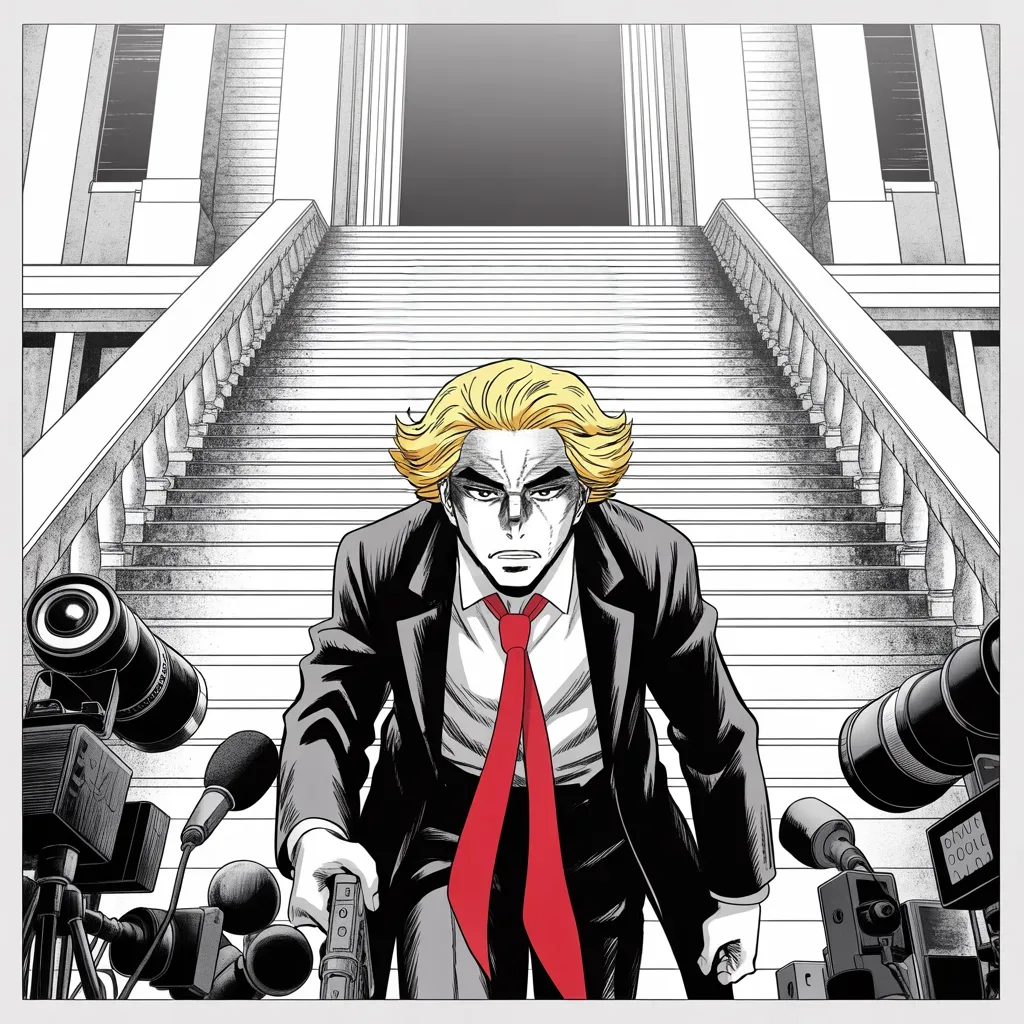 Manga panel 4 of 5, Week 433 “The Ledger”: Monday, the trial's first morning, he does what nobody required: he goes — up the steps, past the lenses, into the front row of his own fraud trial.