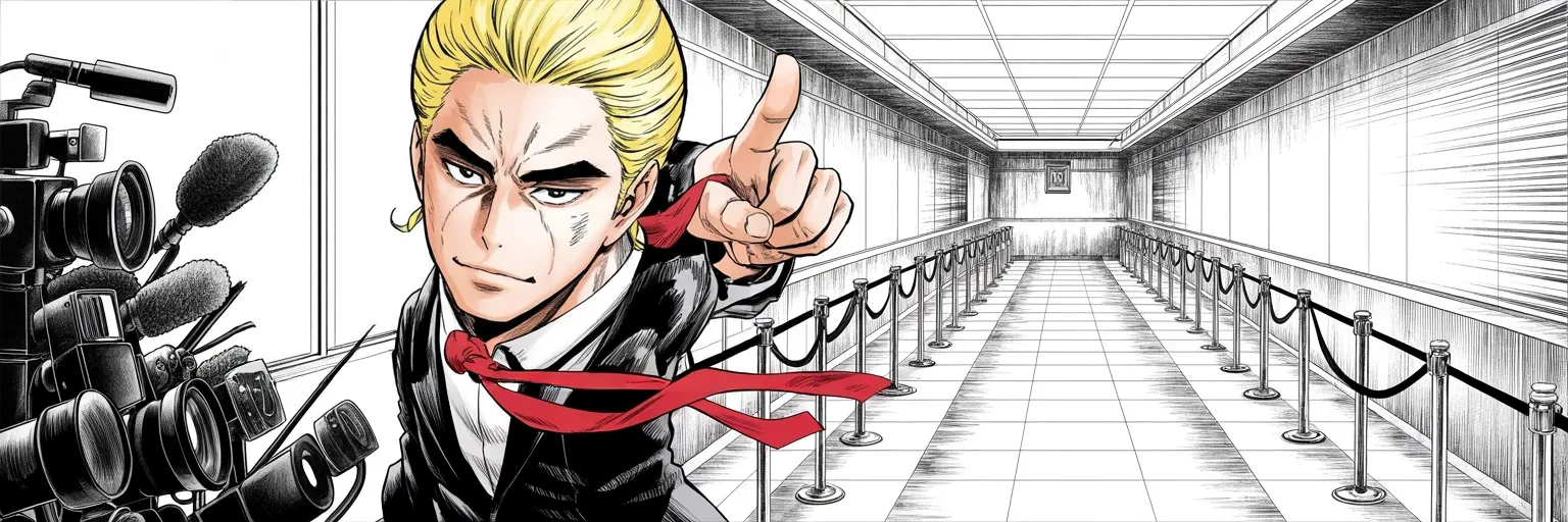 Manga panel 5 of 5, Week 433 “The Ledger”: Between sessions he plants himself at the hallway camera bank and gives the lenses two words. The courtroom and the campaign are now the same room.