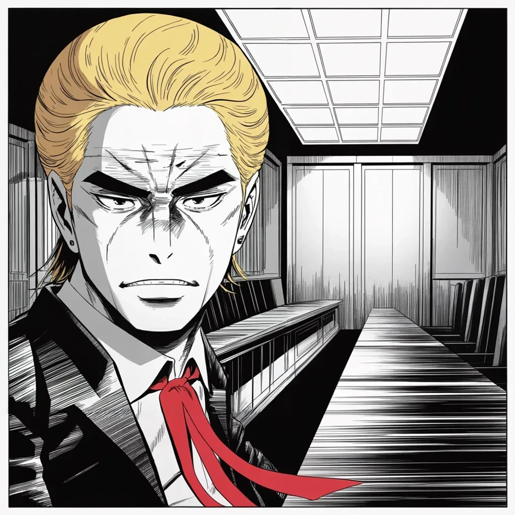 Manga panel 2 of 5, Week 434 “Gagging America”: At the defense table he turns the statute over in his head: a consumer-protection law, no jury box to check, and no way out through twelve citizens.