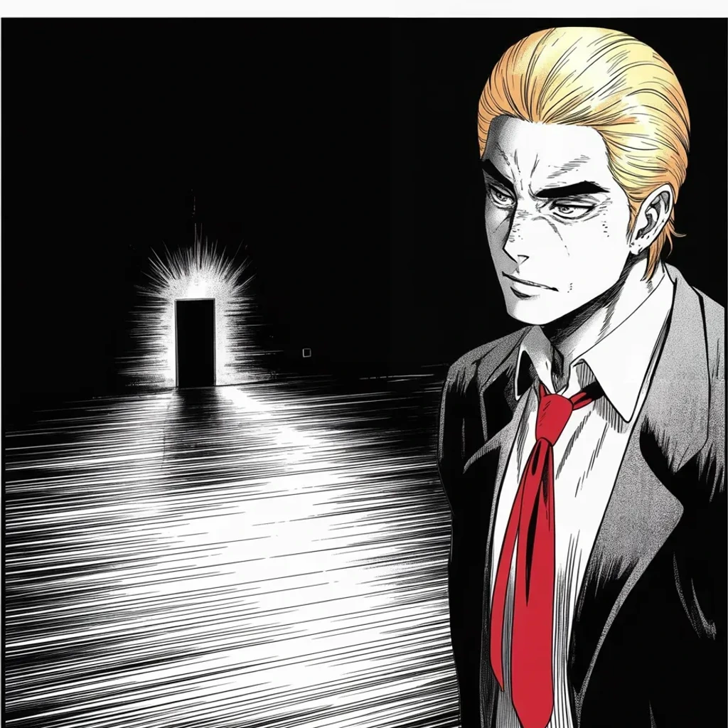 Manga panel 4 of 5, Week 434 “Gagging America”: Saturday at dawn the world lurches: war in the Holy Land, the worst massacre of the young century. From the dark he issues his verdict on it.