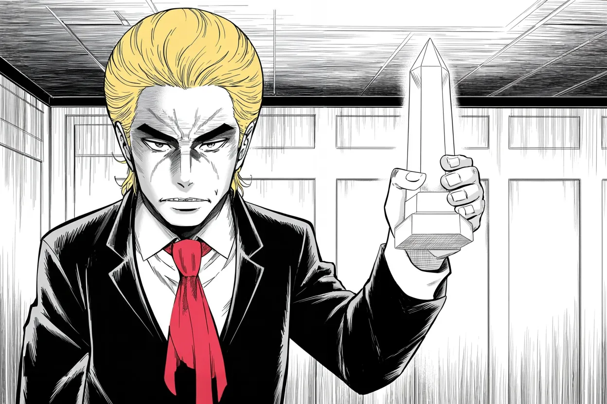 Manga panel 2 of 4, Week 435 “The Trophy”: The trial's strangest exhibit: a trophy his bank once gave him for a loan, held up as proof there were no victims — only happy bankers.