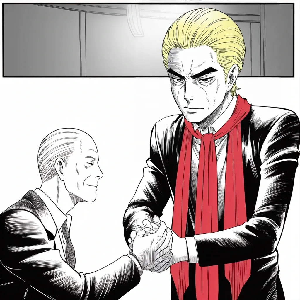 Manga panel 4 of 5, Week 437 “Old Servants”: From the ruins of the first war an old rival returns to kneel: the sleeping monk, first of the sixteen to bend the knee, now endorses the return.