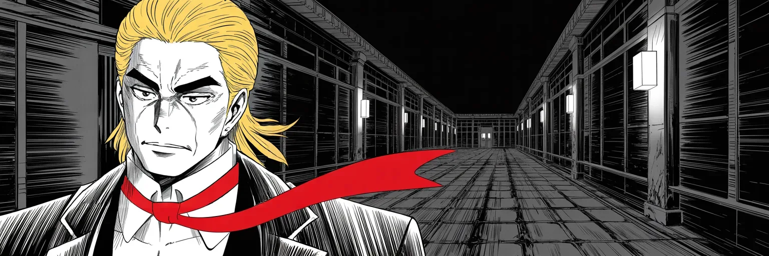 Manga panel 5 of 5, Week 437 “Old Servants”: Sunday night an appeals court snaps the muzzle back on. He walks the dark corridor toward the one thing left this chapter: the stand.