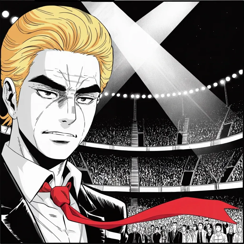 Manga panel 2 of 5, Week 438 “The Stand”: Between court dates he refuels in Texas: the Silent Majority rising, the forgotten man and woman forgotten no longer, a rally roaring back.