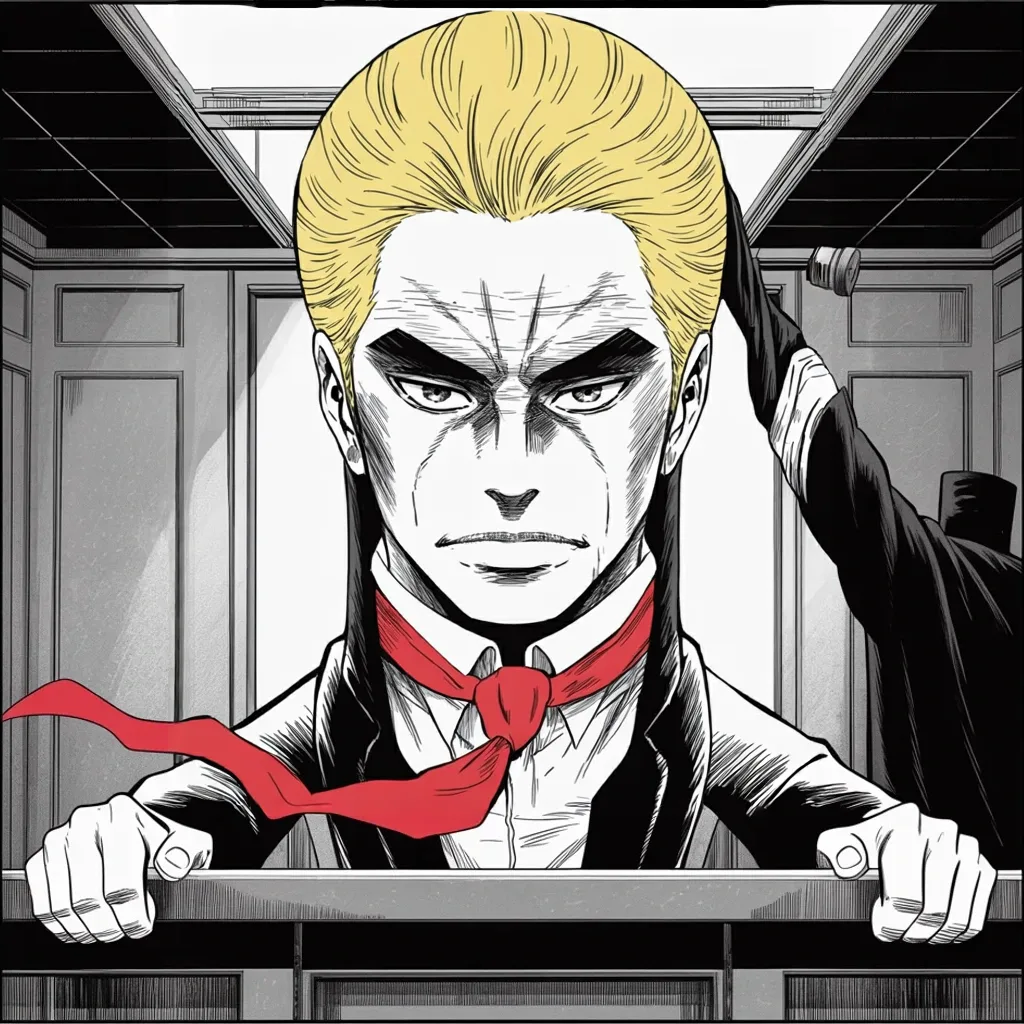 Manga panel 4 of 5, Week 438 “The Stand”: On the stand he turns the witness box into a podium; the judge pleads with the lawyers to control him, and no one can.