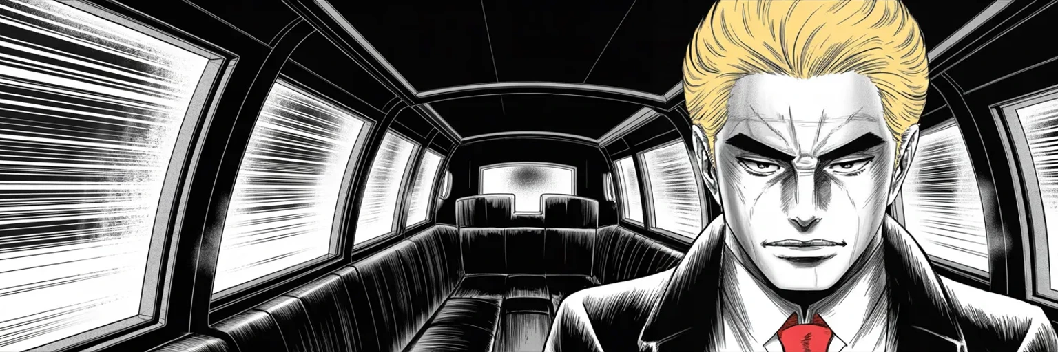 Manga panel 5 of 5, Week 438 “The Stand”: Dusk after the stand: he recasts the whole day as a campaign stop he was billed for. The chapter that began with a jailhouse portrait ends unsilenced.