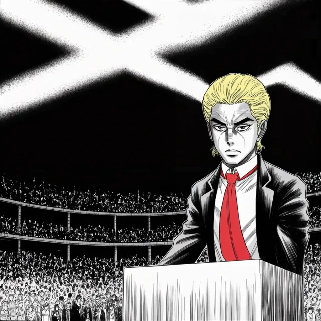 Manga panel 3 of 5, Week 439 “Vermin”: Debate night in Miami: he skips the stage and packs an arena of his own under the crossed spotlights.