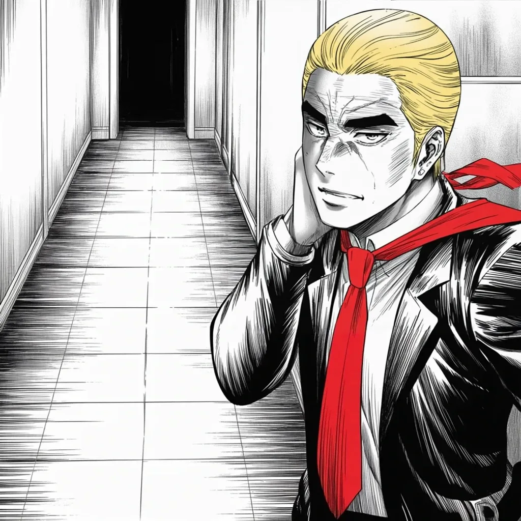 Manga panel 4 of 5, Week 439 “Vermin”: In a marble hallway he pauses mid-stride, hand to his ear, a slow smirk breaking: Minnesota leaves the name where it is.