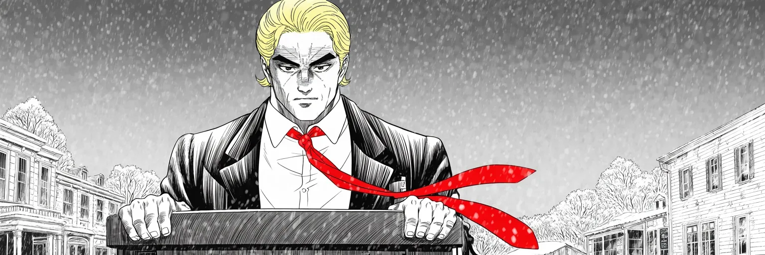 Manga panel 5 of 5, Week 439 “Vermin”: Veterans Day in a snowbound square: from the podium he coins a new word for the enemy within, and the snow keeps falling.