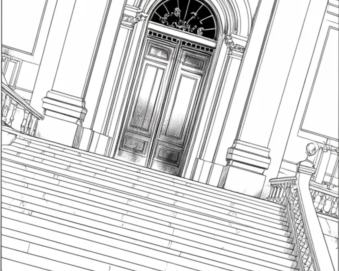 Manga panel 2 of 4, Week 440 “The Sister”: The appeals court that keeps overturning the gag order: empty stone steps in hard light, and his gloating carries from somewhere off-panel.