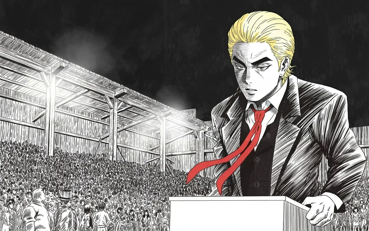 Manga panel 3 of 4, Week 440 “The Sister”: Fort Dodge, Iowa, at night: from a plain podium he starts the countdown — fifty-eight days to the first vote of the comeback.