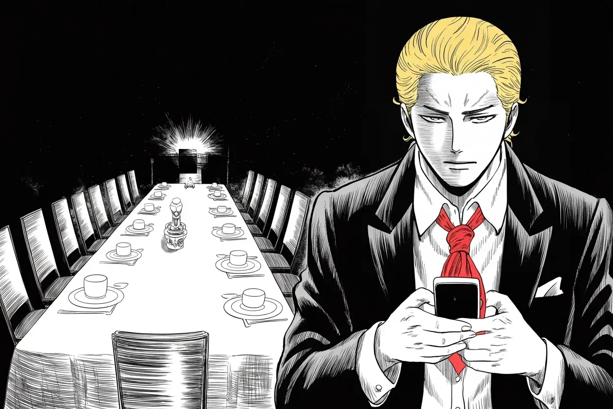 Manga panel 2 of 4, Week 441 “Giving Thanks”: Two in the morning on Thanksgiving, alone at a table laid for no one: the holiday greeting goes out with every enemy on it, named with a carver's care.