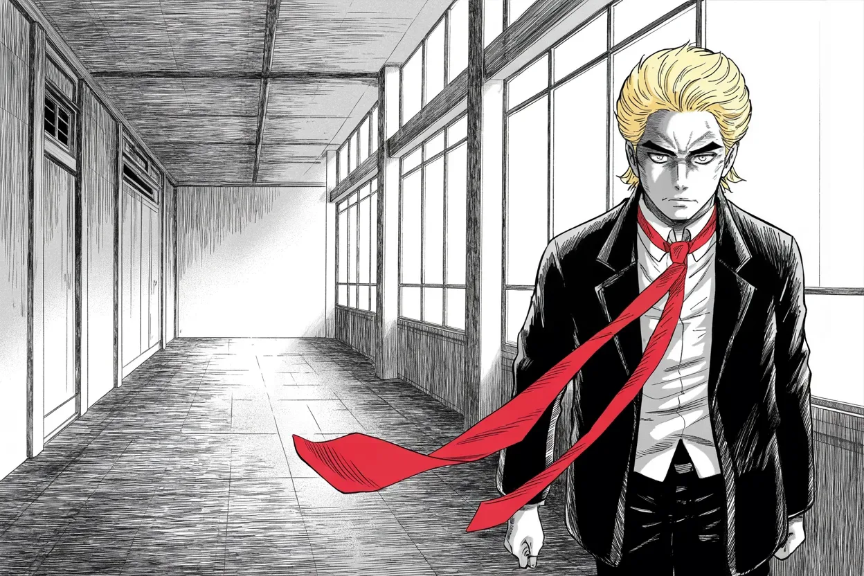 Manga panel 3 of 4, Week 441 “Giving Thanks”: Thanksgiving morning in an empty corridor, eyes shadowed: the sarcasm burns off and what is left sounds almost like the beginning.