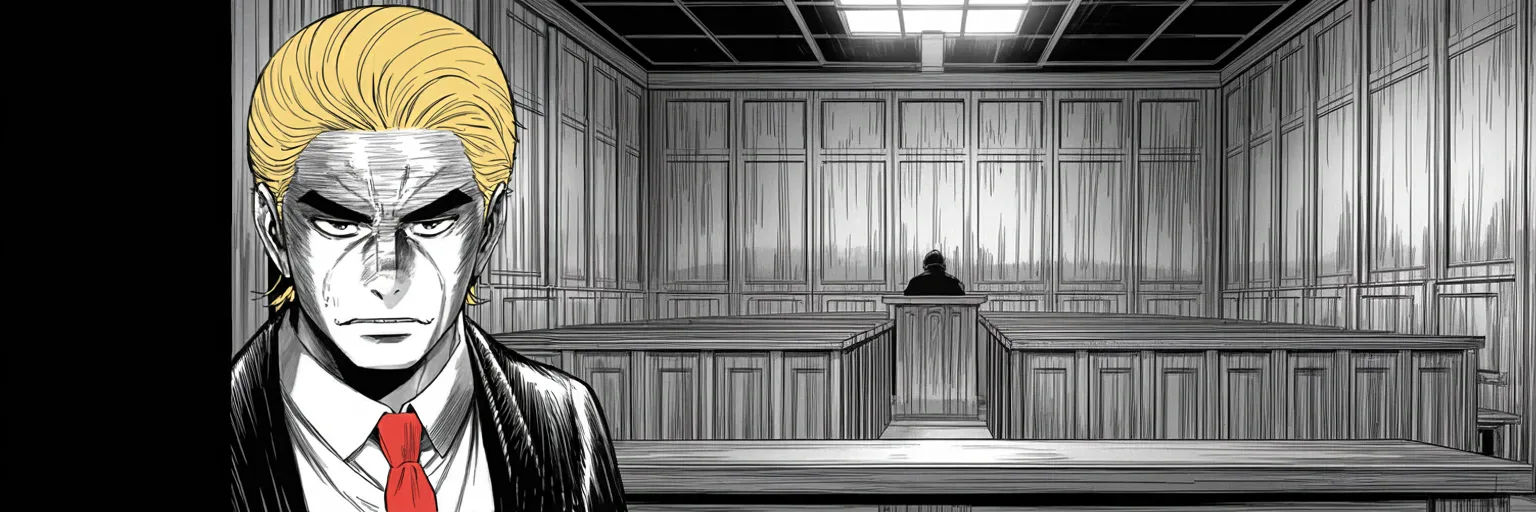 Manga panel 1 of 5, Week 442 “The Judge's House”: From the defense table he eyes the bench sidelong: this week he prosecutes the judge's own household.
